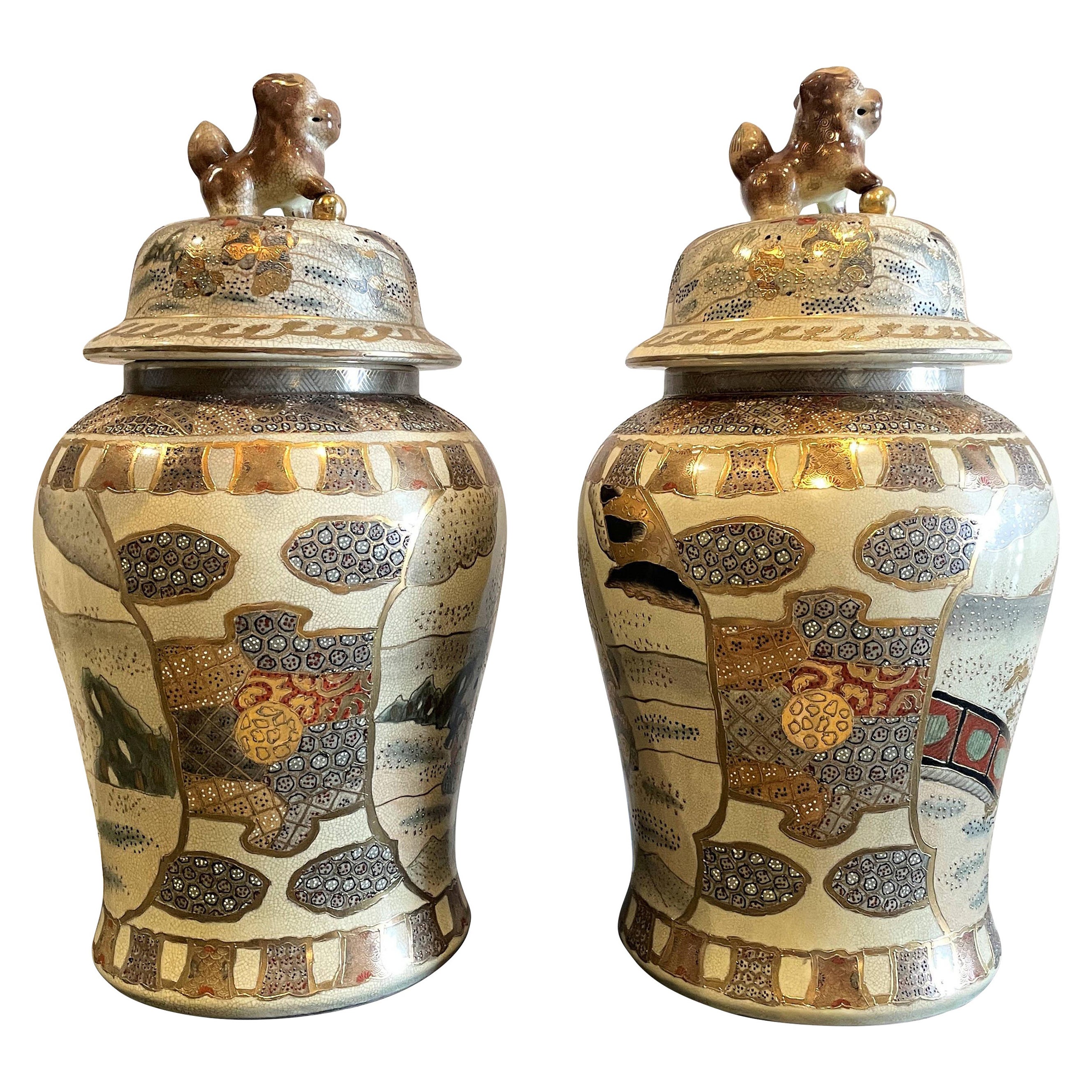 Pair of Taisho Period Japanese Satsuma Style Covered Jars For Sale