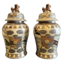 Paire de pots de temple du 19ème siècle, à couvercle, fleurons en forme de chien Foo de style Chinoiserie