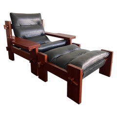 Sergio Rodrigues-Style Brazilian Rosewood and Leather Lounge Chair and Ottoman