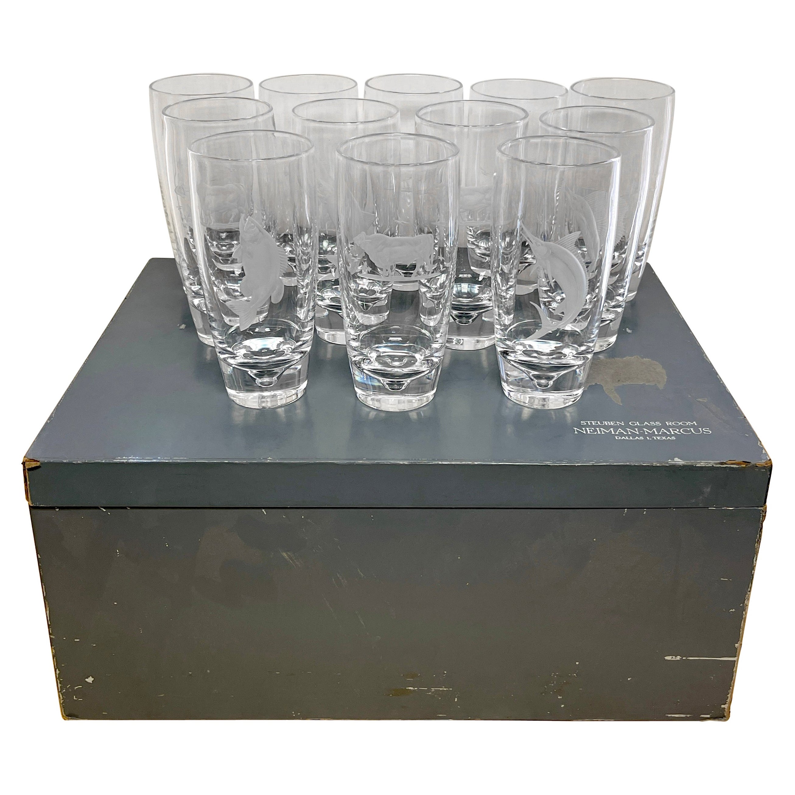 12 Steuben/ George Thompson Engraved Prized Bull & Game Fish Glasses For Sale