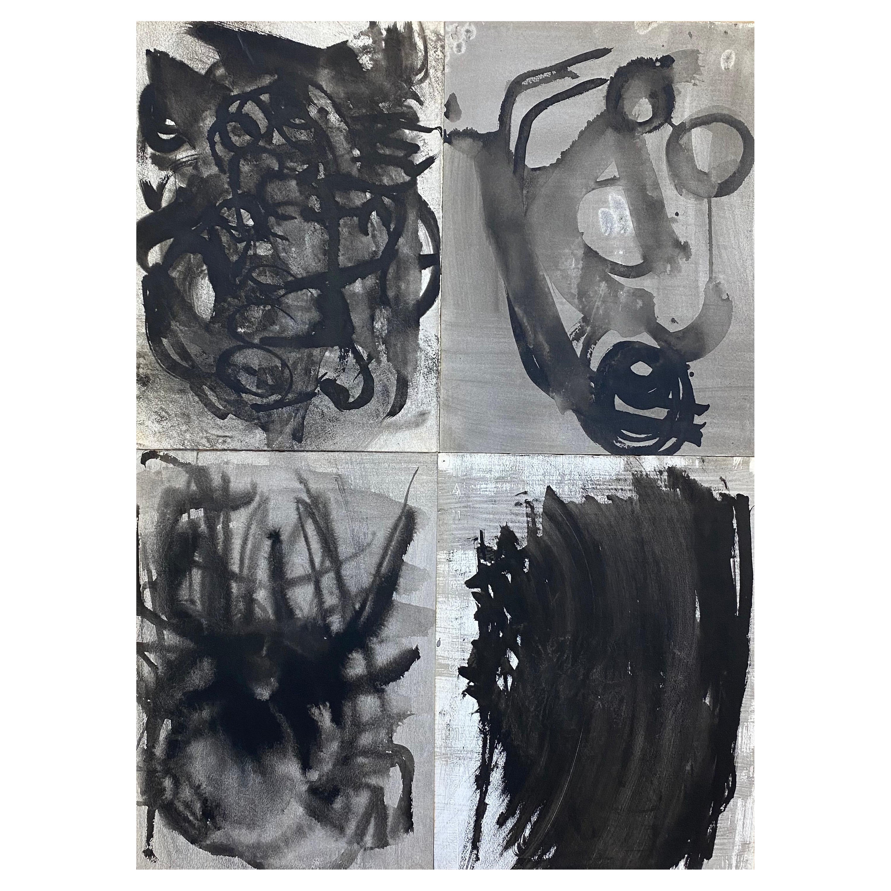 Conjunto de 4, Pinturas originales francesas abstractas en blanco y negro de los años 70