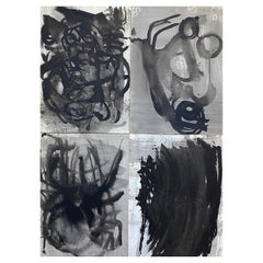 Set of 4, Original 1970's French Abstract Black & White Paintings