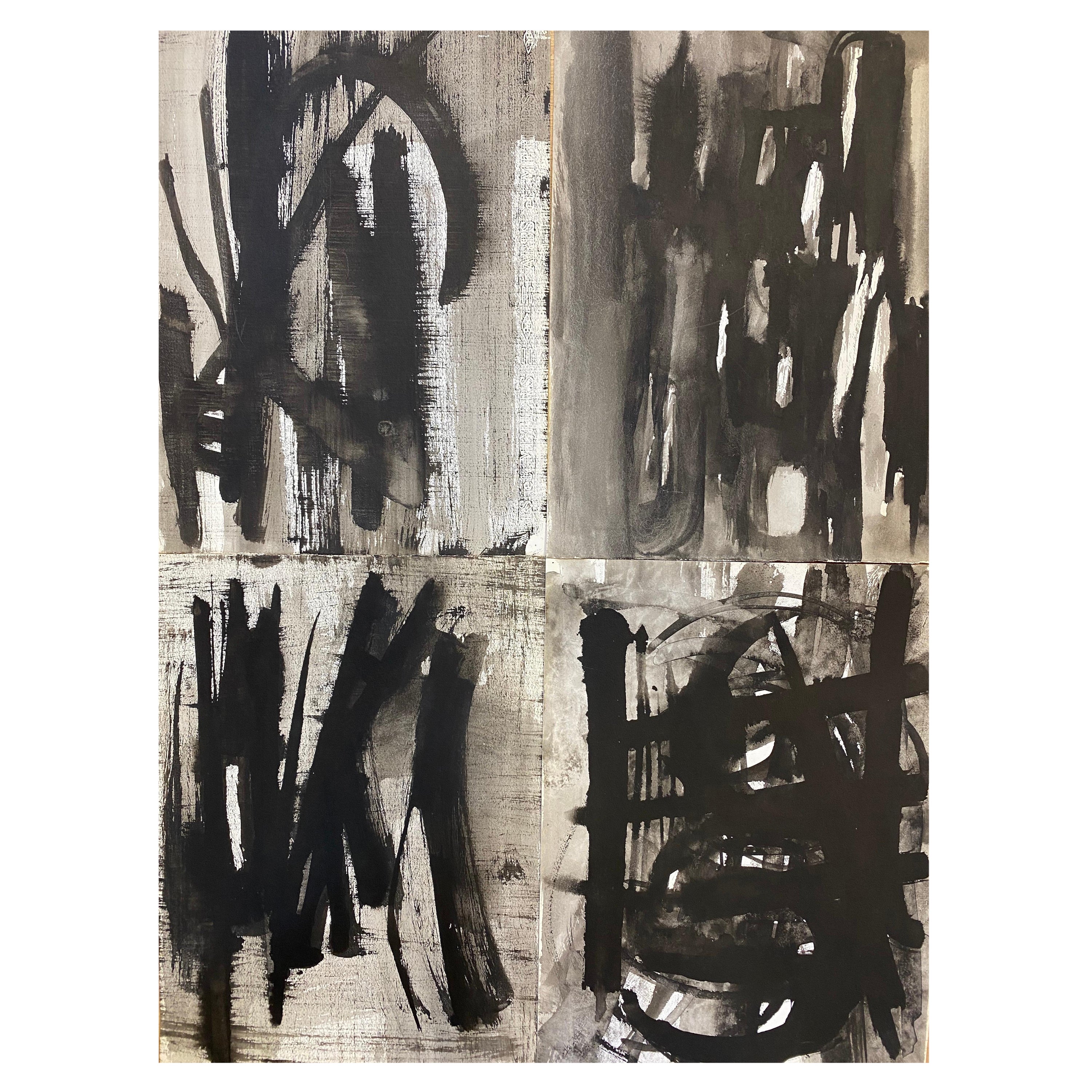 Set of 4, Original 1970's French Abstract Black & White Paintings
