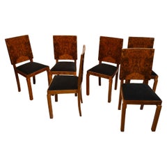 Antique Set of Six Art Deco Dining Chairs, Walnut Roots Veneer, France, circa 1930