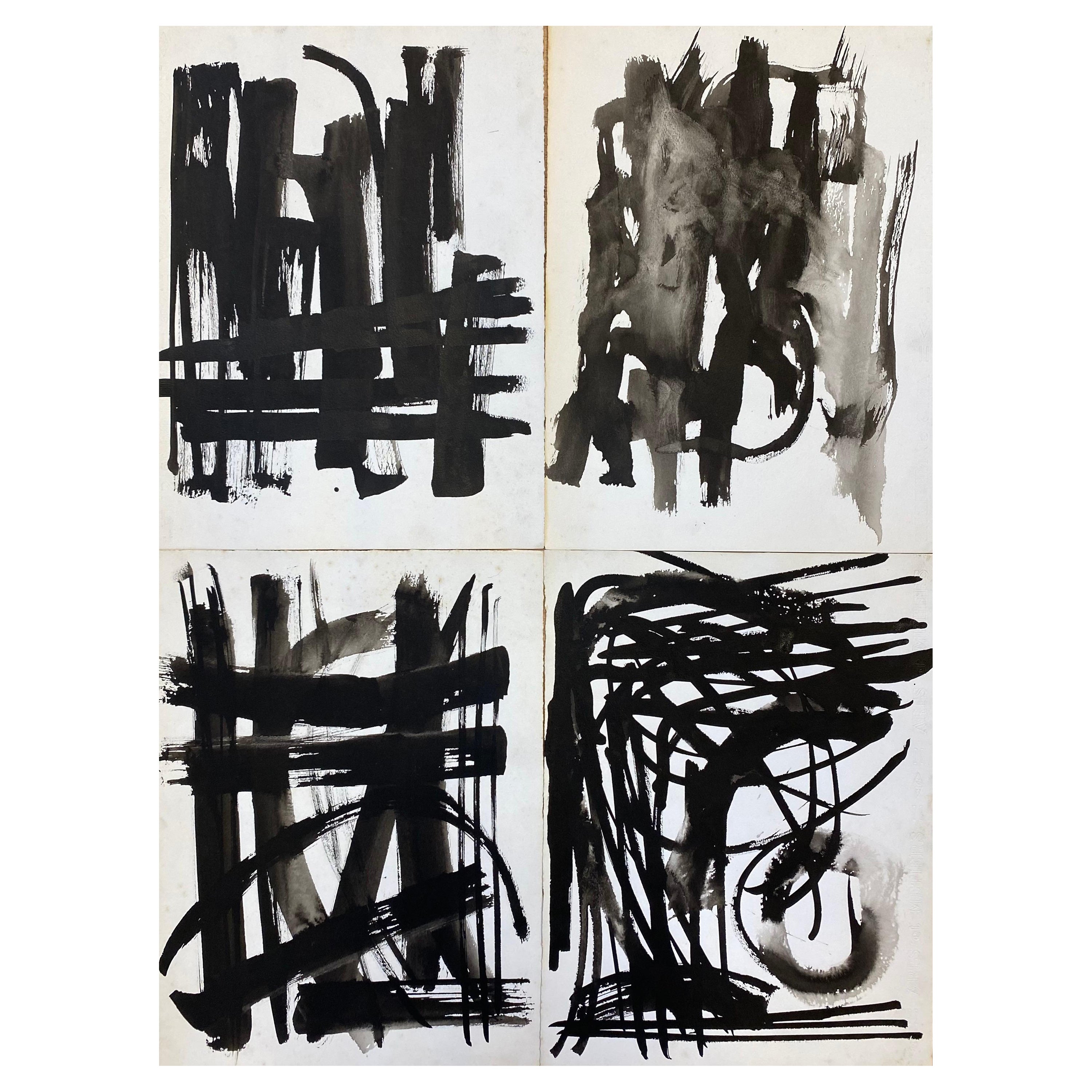 Conjunto de 4, Pinturas originales francesas abstractas en blanco y negro de los años 70