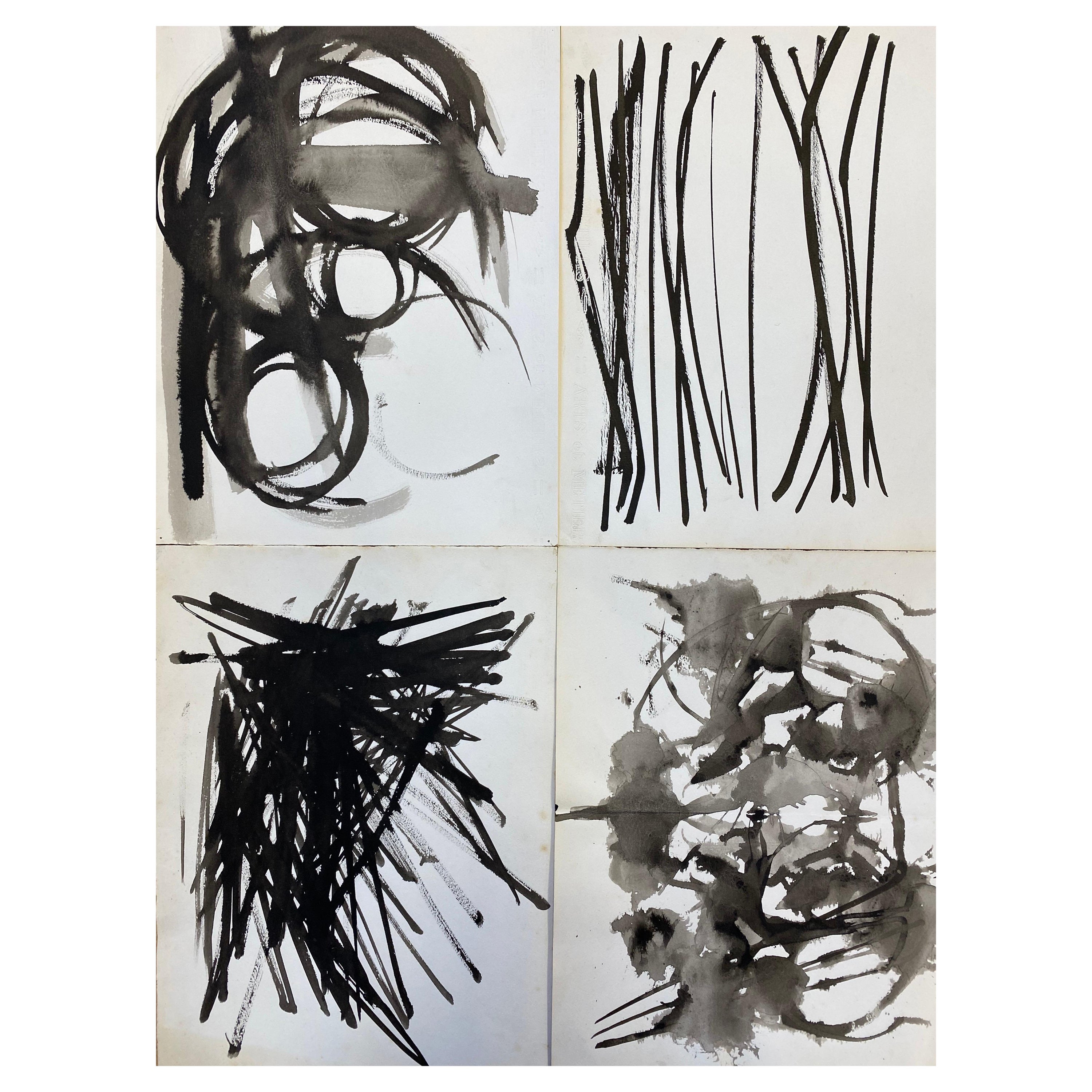 Set of 4, Original 1970's French Abstract Black & White Paintings For Sale
