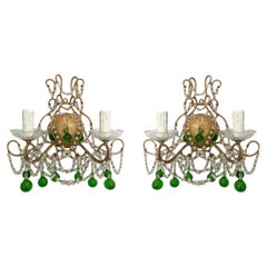 Vintage Italian Crystal Breaded Sconces with Green Murano Dtops