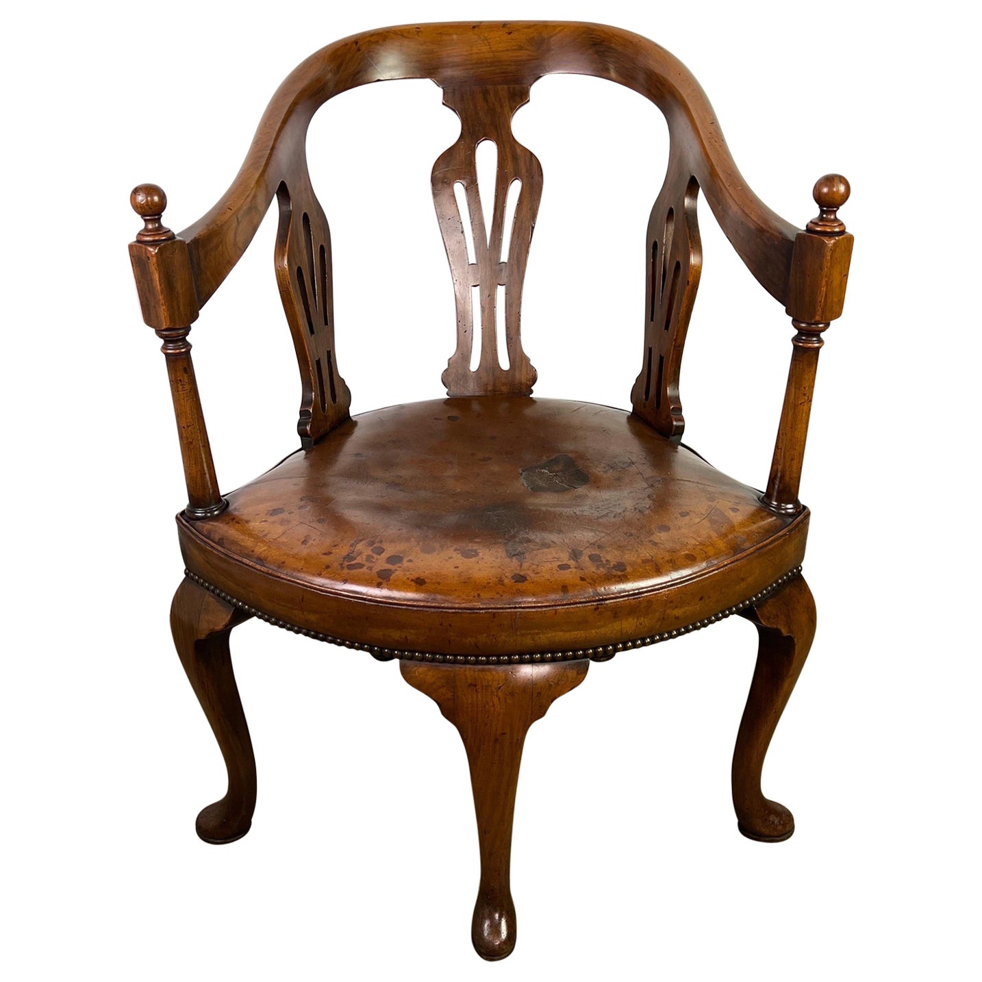 Burgundy Tufted Executive Leather Gooseneck Queen Anne Office Library