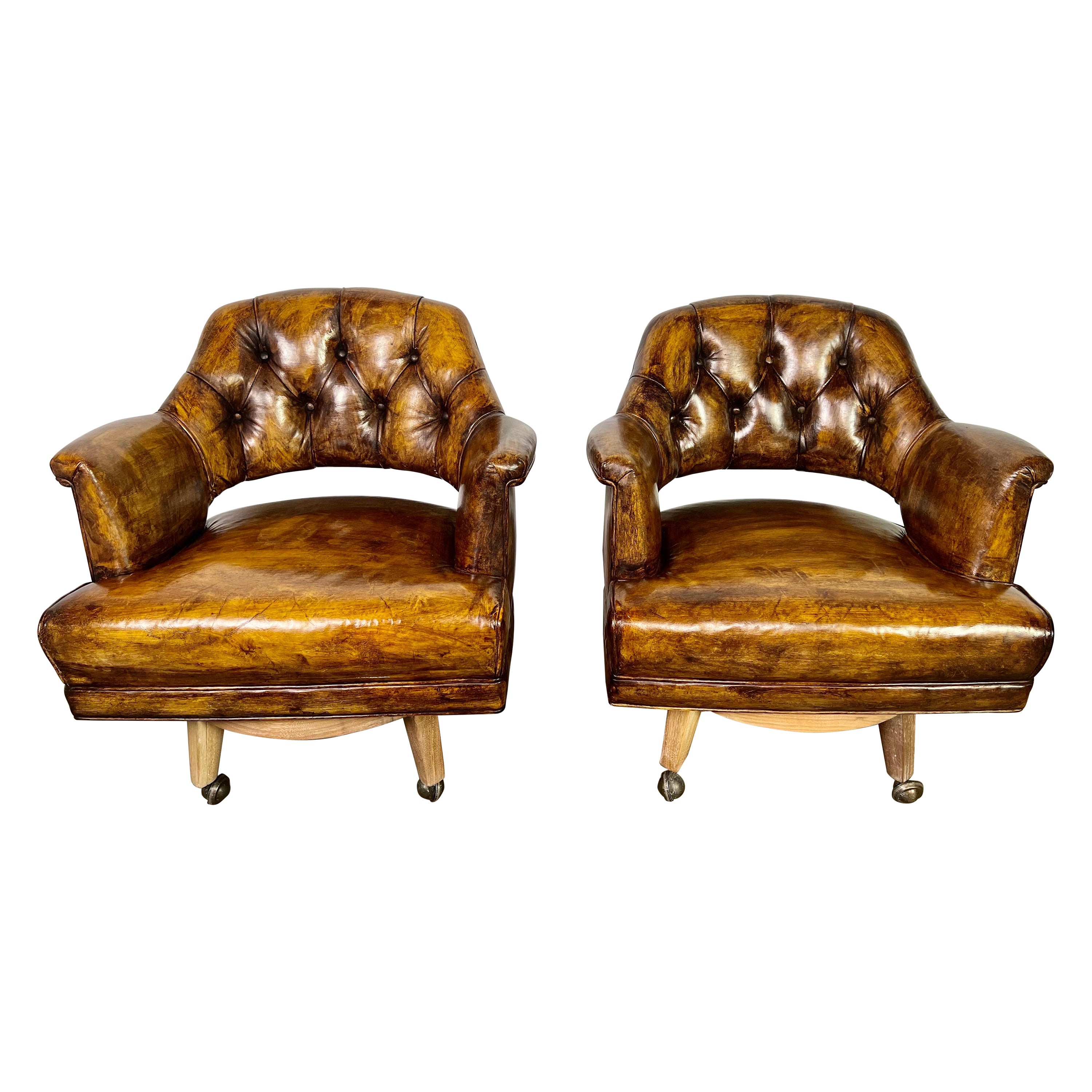 Pair of Mid-Century Leather Monteverdi-Young Armchairs on Swivels For Sale