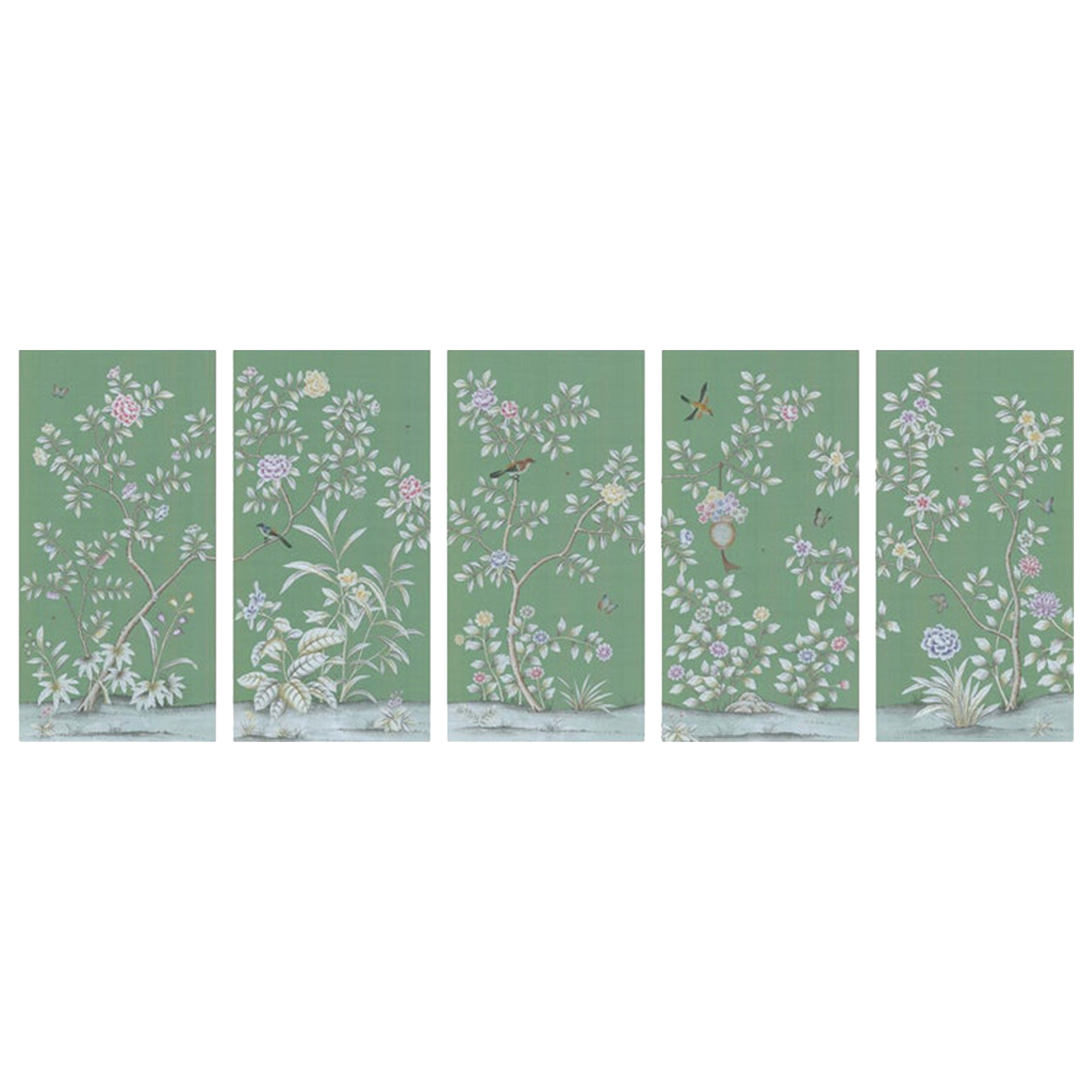 Chinoiserie Panel Hand Painted Wallpaper on Green silk, Accept Custom Size