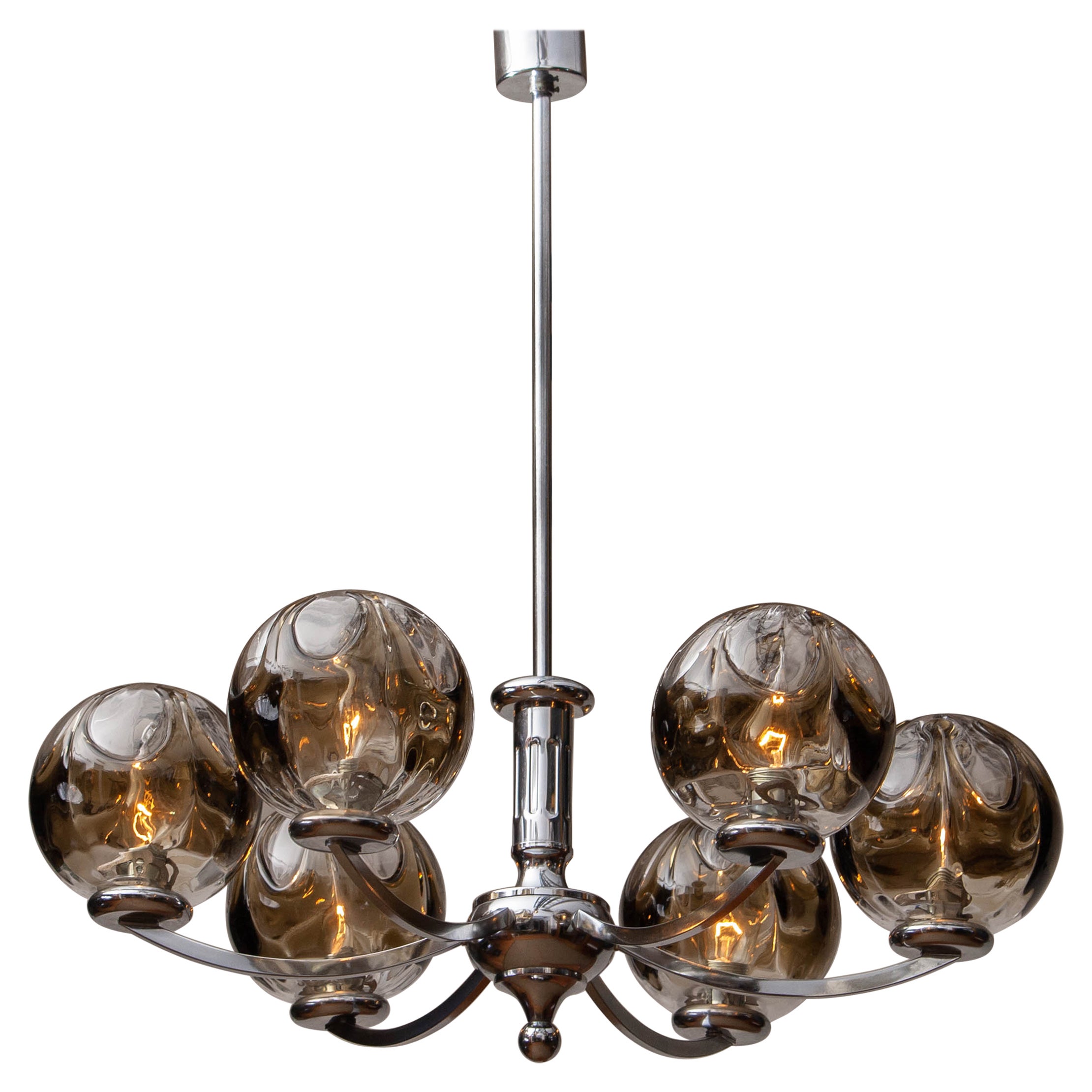 1960s, Chromed Chandelier with Six Crystal Mazzega Globes by Kaiser Leuchten