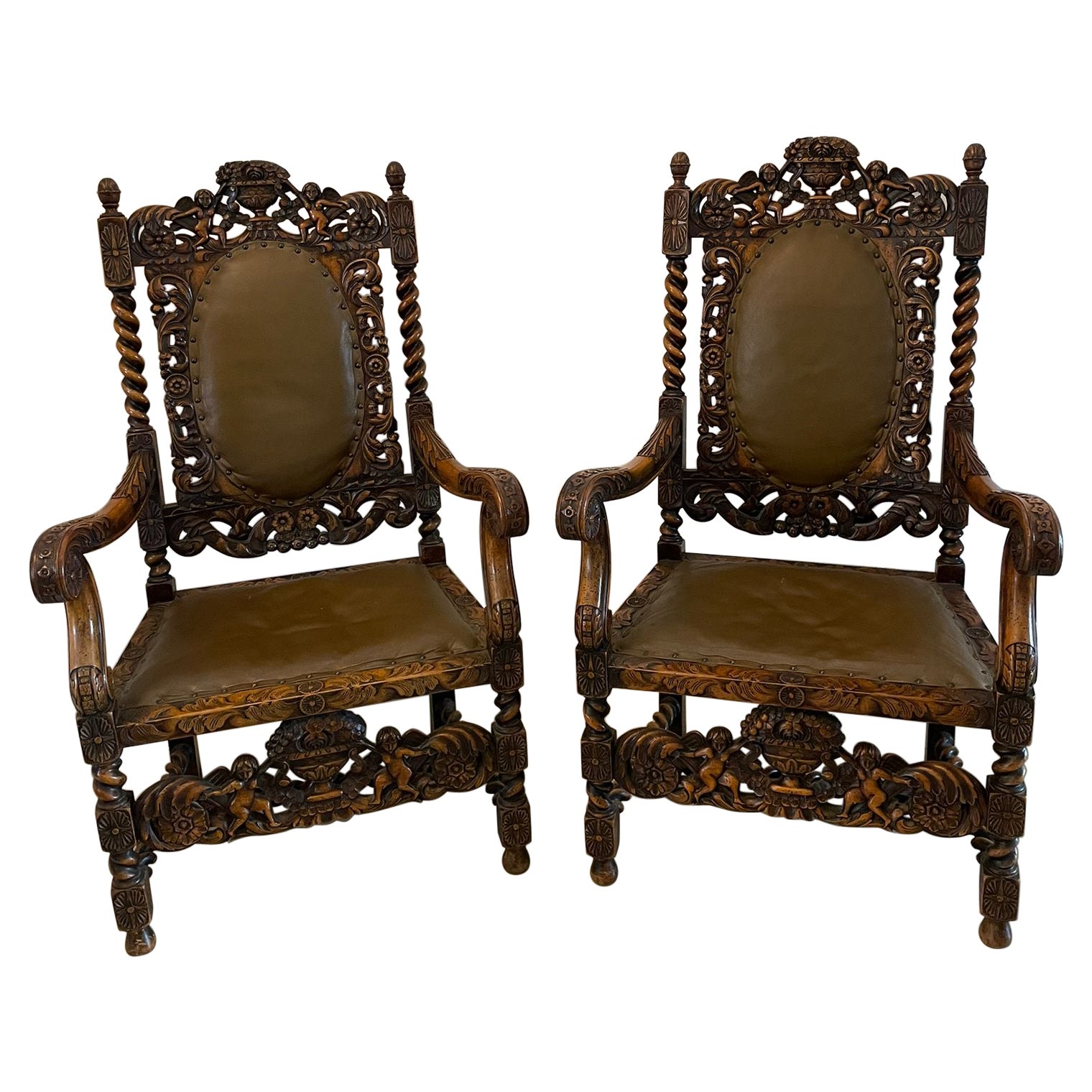 Outstanding Quality Large Pair of Antique Carved Walnut and Leather Armchairs