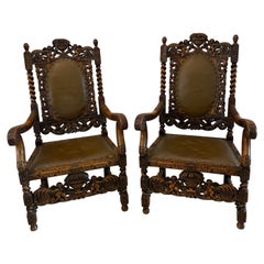 Outstanding Quality Large Pair of Antique Carved Walnut and Leather Armchairs