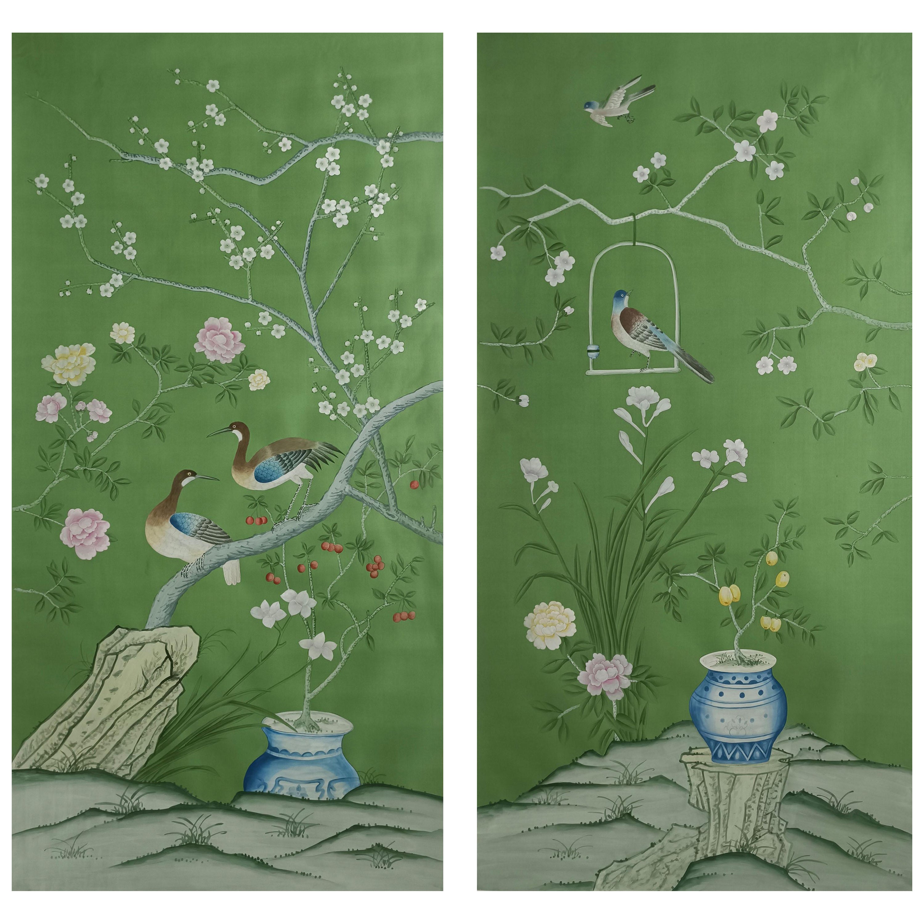 Chinoiserie Panel Hand Painted Wallpaper on Green Silk, 2 Panels For Sale