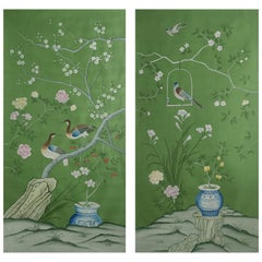 Chinoiserie Panel Hand Painted Wallpaper on Green Silk, 2 Panels