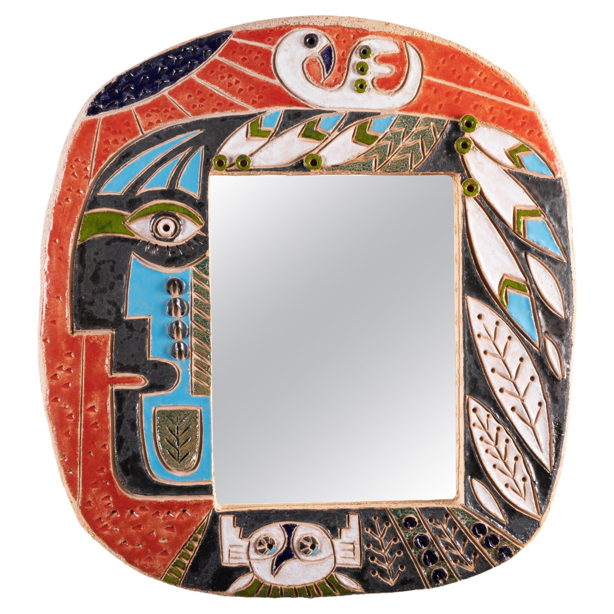 "Kachina" Ceramic Mirror by Nathalie Soufflet, atelier Curiosa, Vallauris For Sale