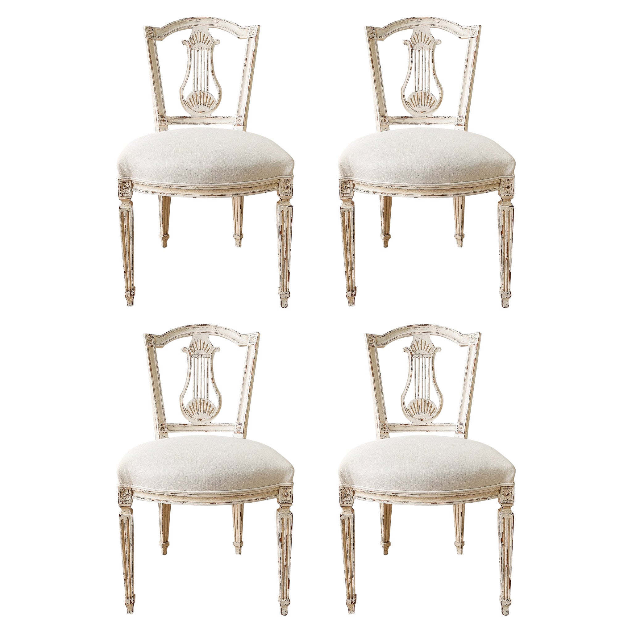 Set of 4 Antique French Louis XVI Dining Room Chairs with Harp Ornament