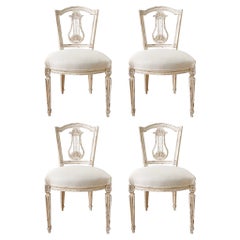 Set of 4 Antique French Louis XVI Dining Room Chairs with Harp Ornament