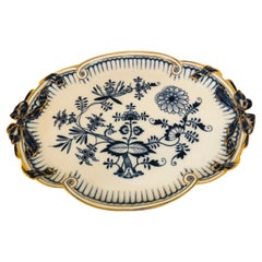 Meissen Blue Onion Antique Serving Tray with Gold Border and Bow Handles