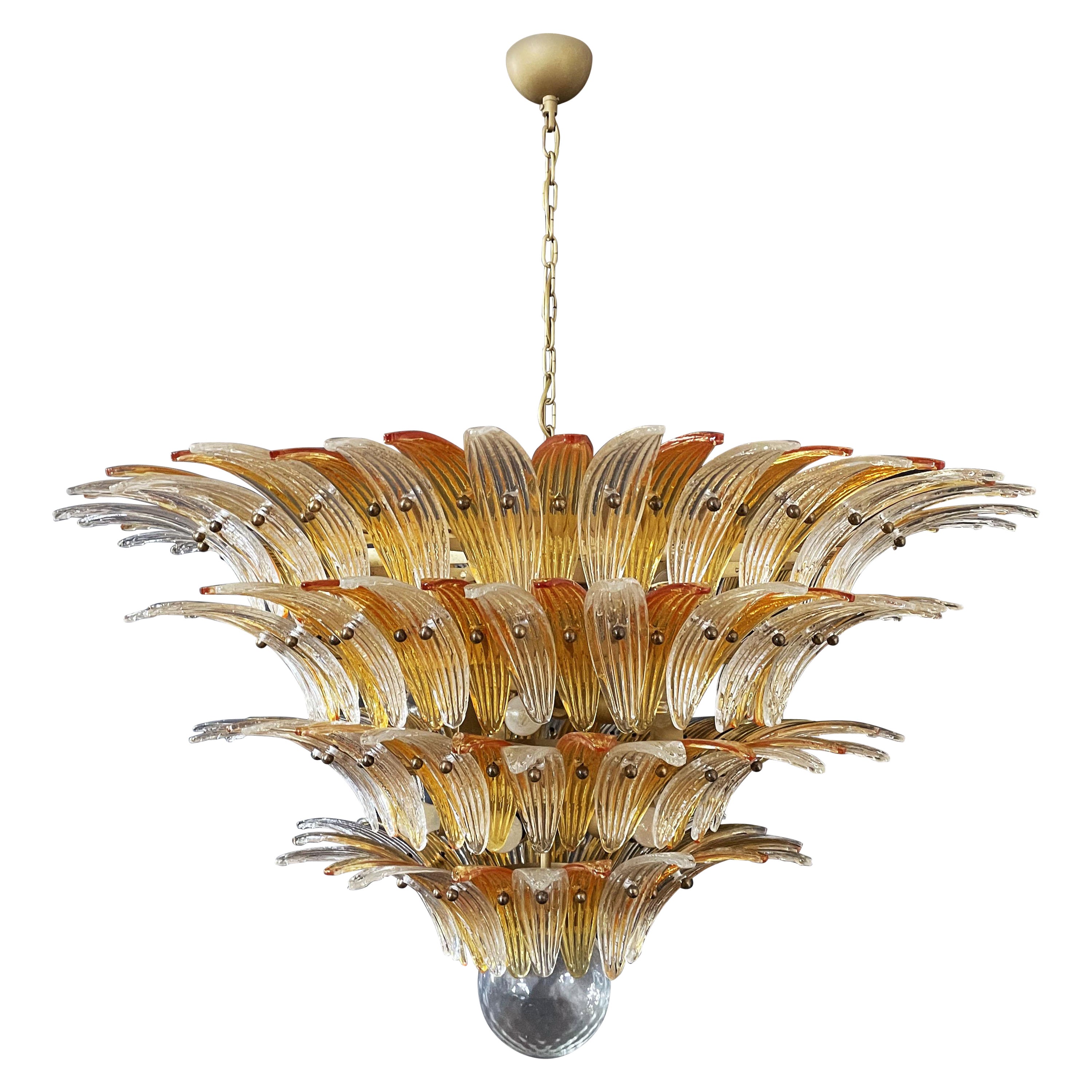 Palmette Ceiling Light, Four Levels, 163 Amber and Trasparent Glasses