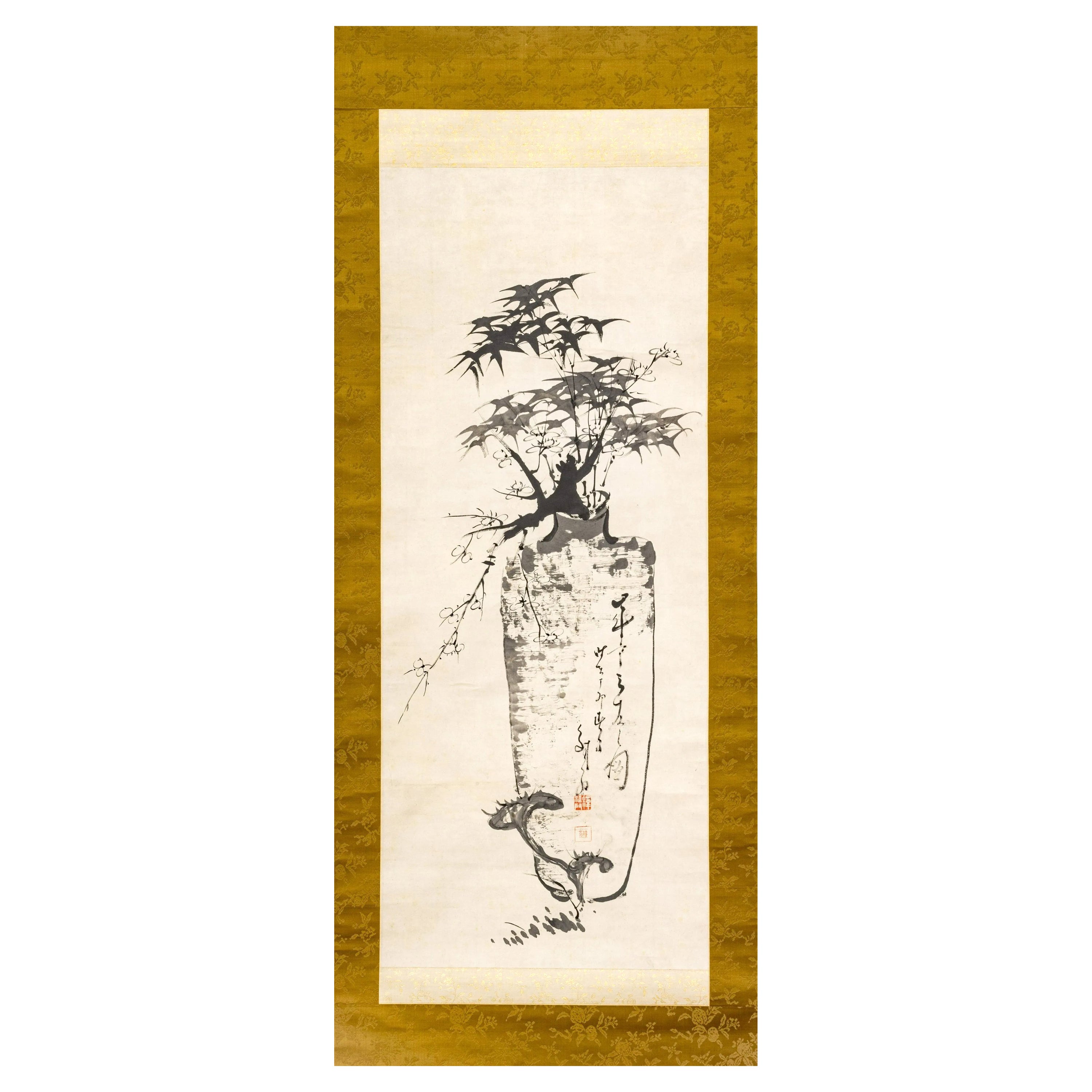 Antike japanische Tusche-Hängelampe Hidaka Tetsuo mit Schnörkeln und Holzaufbewahrungsbox im Angebot