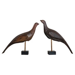 Pair Naive Carved Wooden Folk Art Birds, English Pheasants, Primitive, Outsider