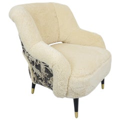 Modern Natural Shearling and Quilted Big Cat Print Club Chair with Wooden Legs