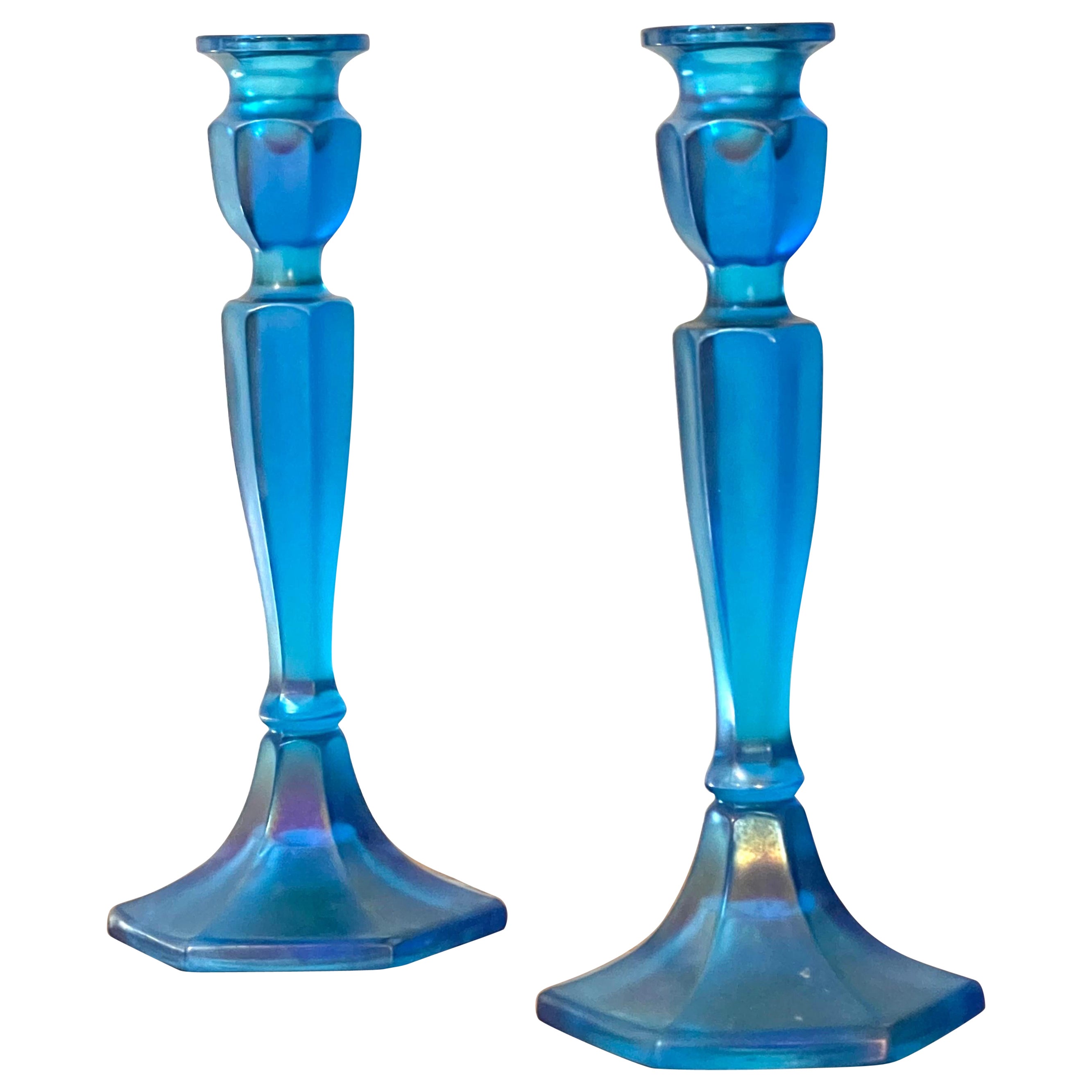 Blue Favrile Glass Candleholders, 1950s For Sale