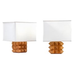 20th Century Mario Ceroli Pair of Table Lamps Mod. Diamante in Wood and Fabric