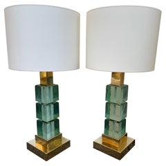 Contemporary Pair of Brass Murano Glass Cube Column Lamps, Italy