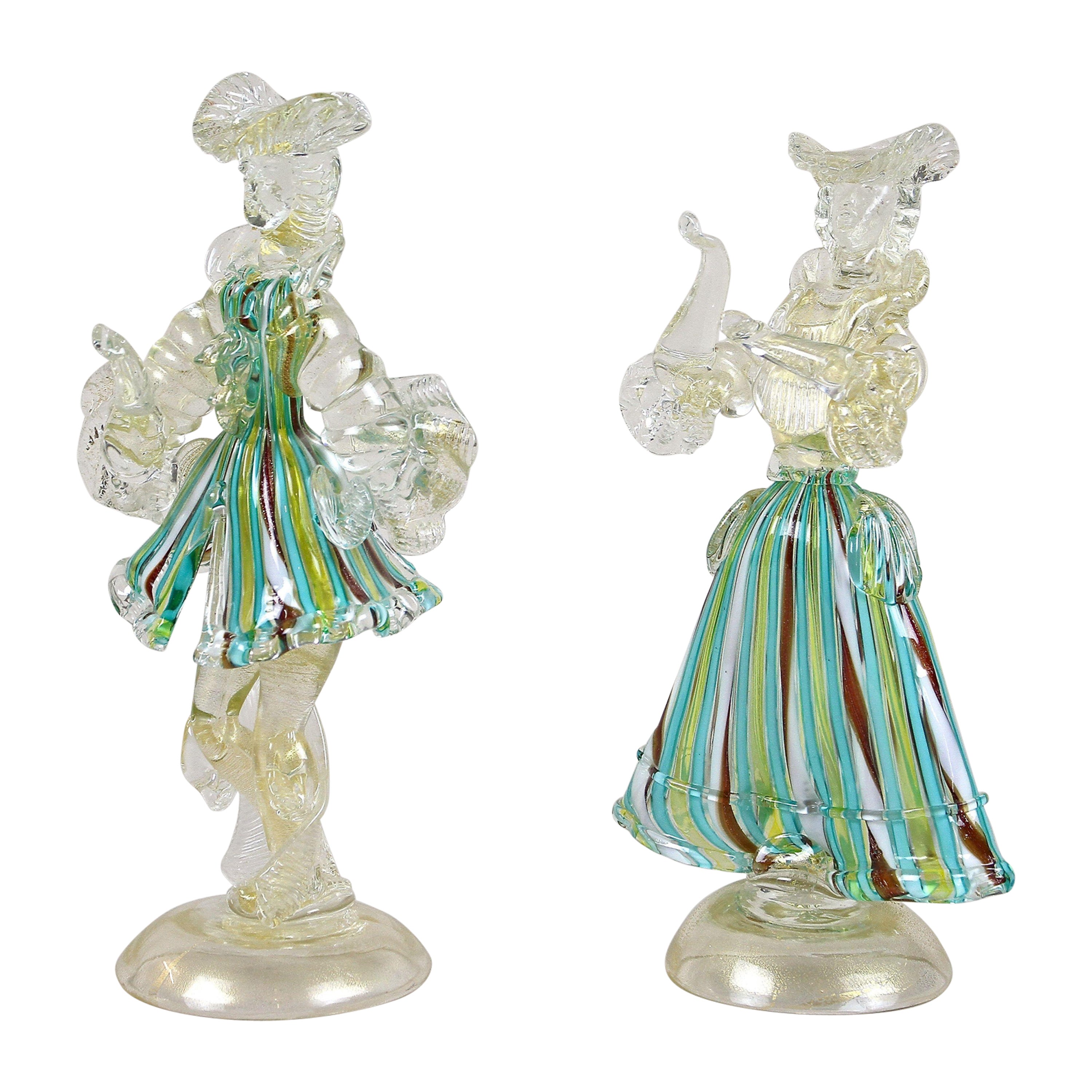 Pair of Colorful Gilt Murano Glass Figurines, Italy, circa 1950