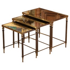 Midcentury French Brass and Églomisé Glass Nesting Tables from Maison Baguès