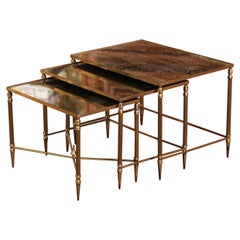 Vintage Mid-Century French Brass and Églomisé Glass Nesting Tables from Maison Baguès