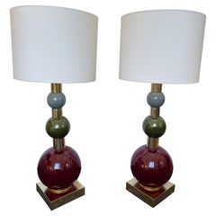 Contemporary Pair of Brass Murano Glass and Ceramic Ball Lamps, Italy