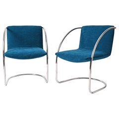 Set of "Lens" Chairs by G. Offredi Blue Fabric and chrome, Saporiti Italy 1968