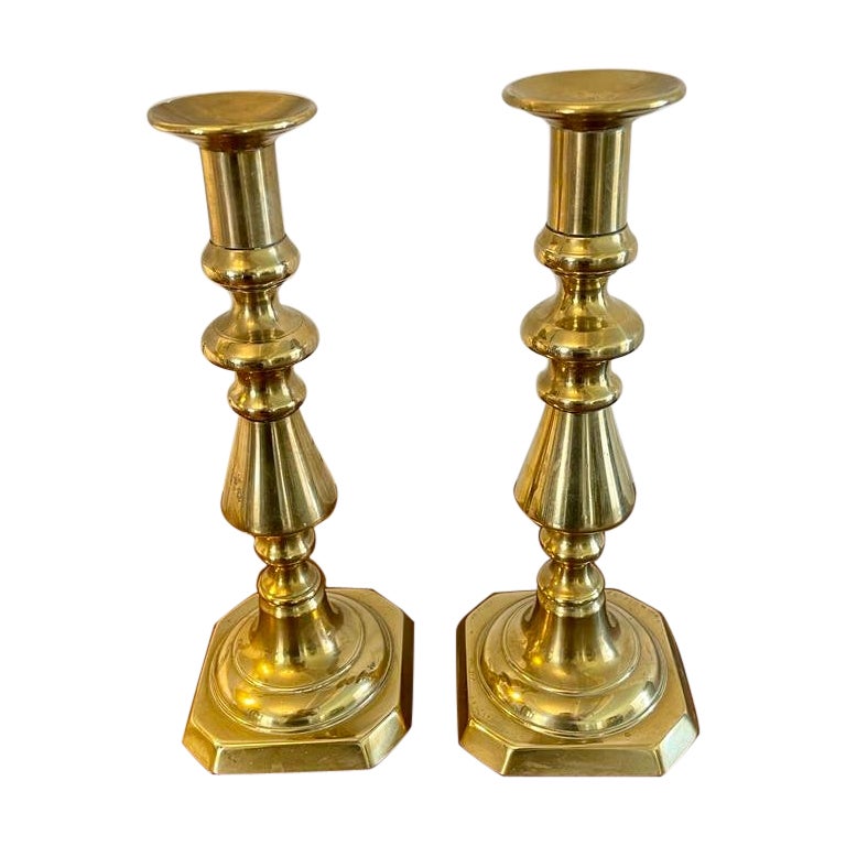 Large Pair of Antique Victorian Brass Candlesticks For Sale