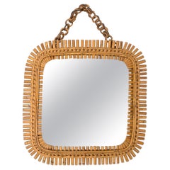 Mid-Century Rattan & Bamboo Squared Wall Mirror, Italy 1960s