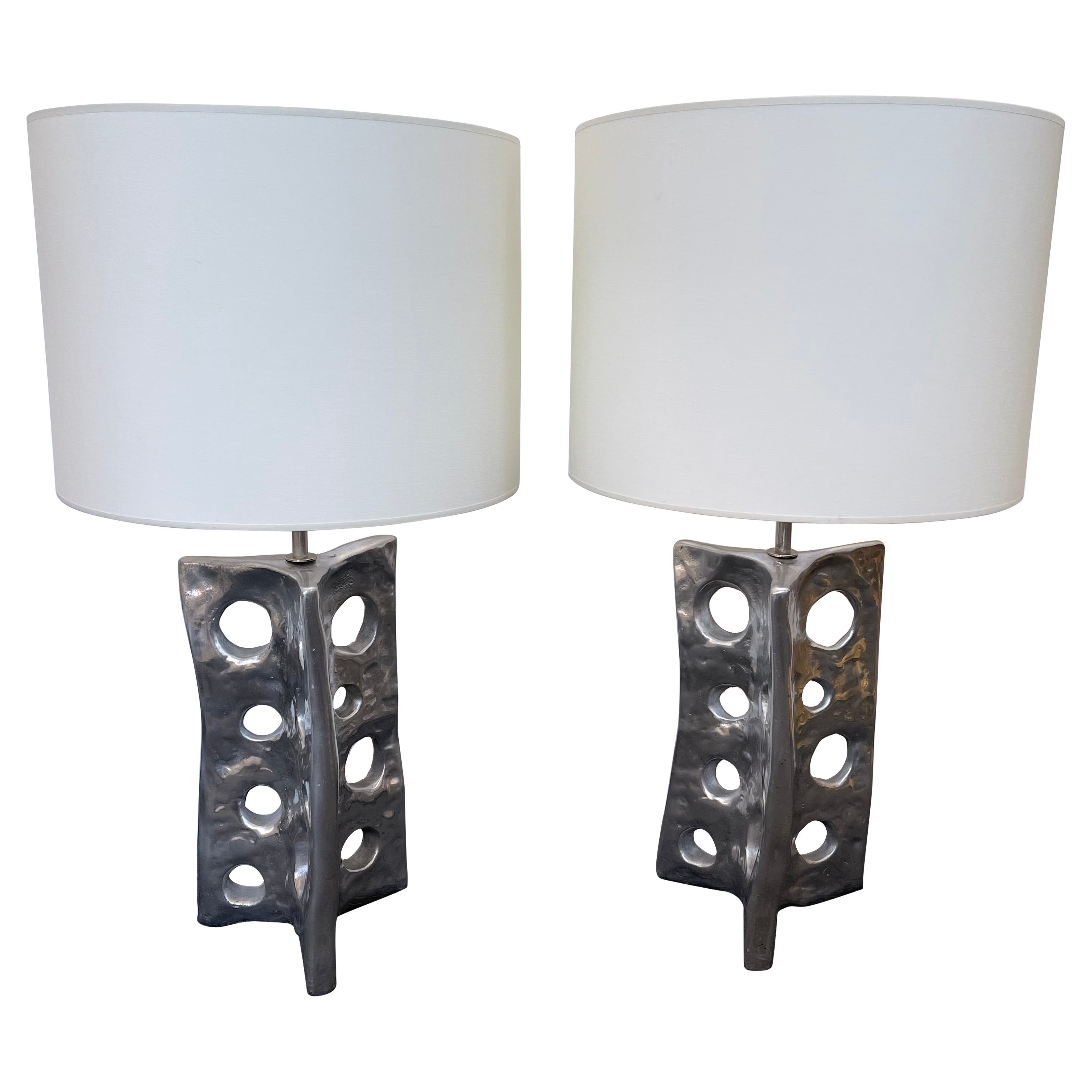 Contemporary Pair of Holey Cast Silver Metal Lamps, Italy For Sale