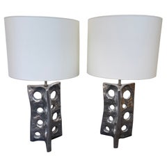 Contemporary Pair of Holey Cast Silver Metal Lamps, Italy
