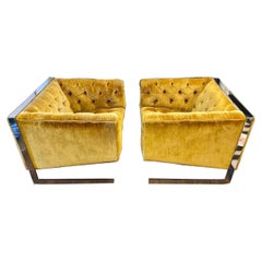 Modern Tufted Velvet and Chrome Cantilver Club Chairs Pair