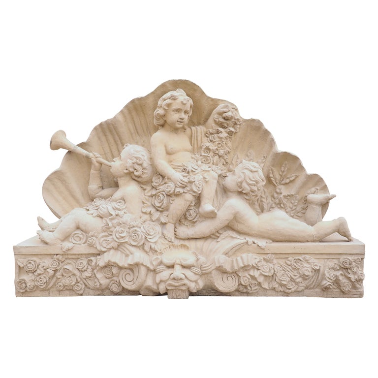 Large Cast Garden Statue of Putti with Flowers, Shell, and Mascaron