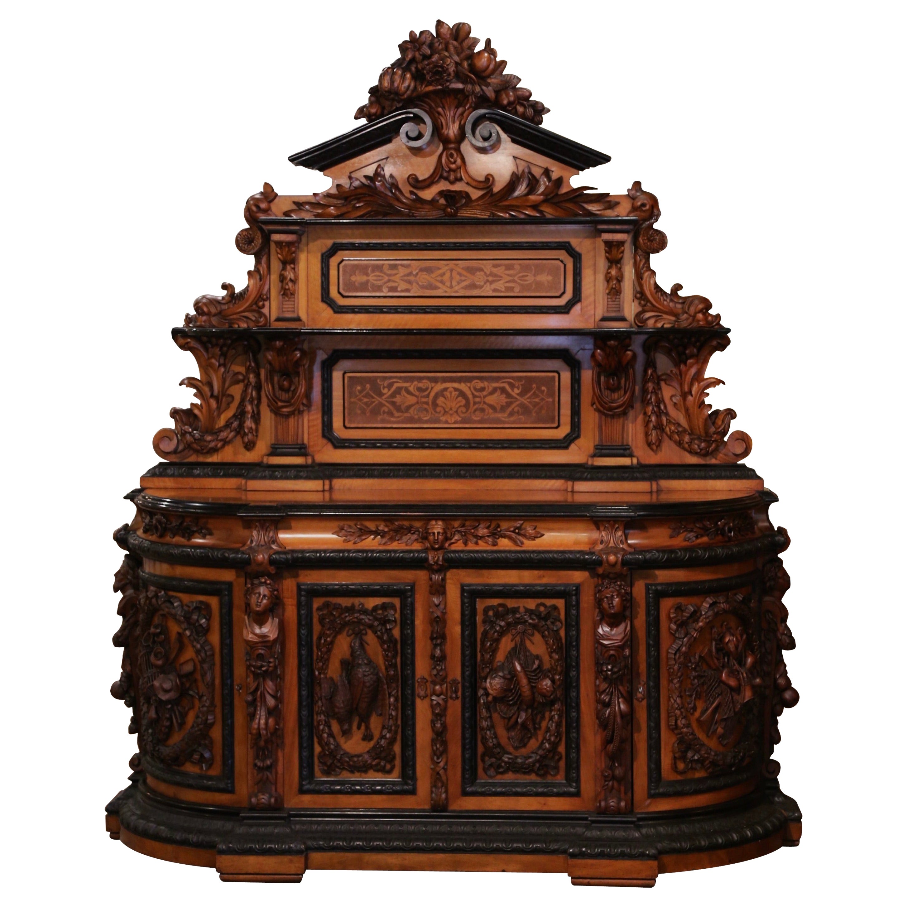 Mid-19th Century French Carved Rosewood Hunt Buffet with Bird and Fruit Motifs