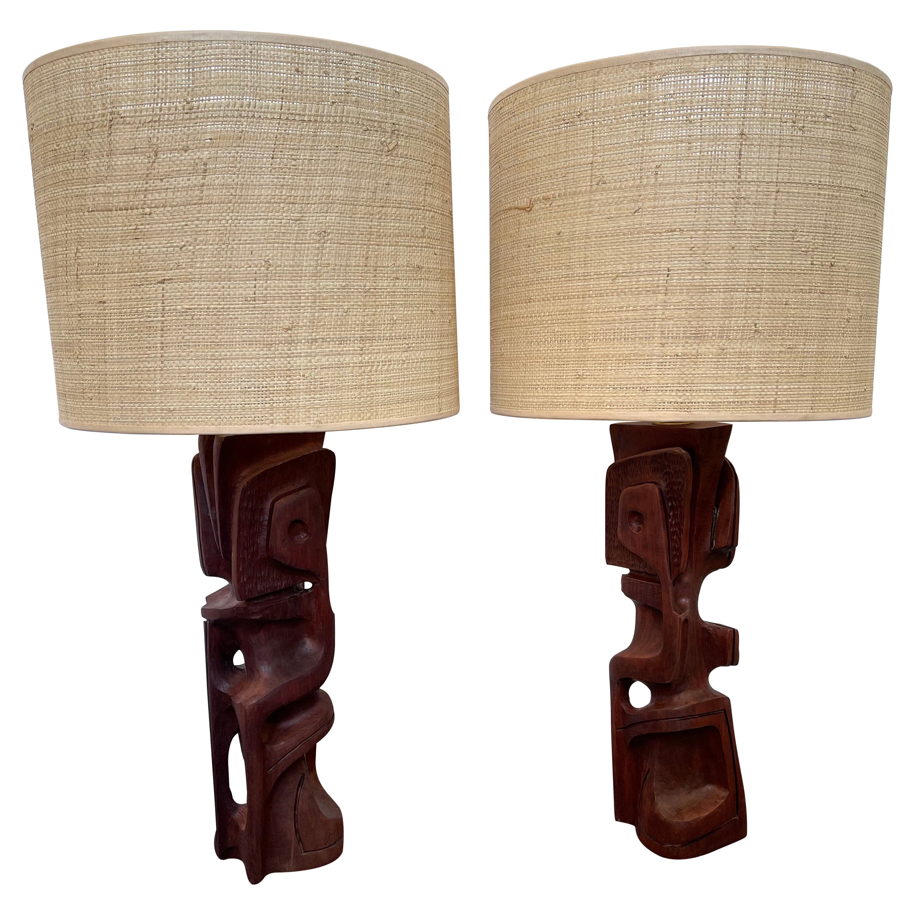 Pair of Wood Sculpture Lamps by Gianni Pinna. Italy, 1970s For Sale