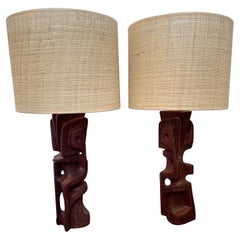 Vintage Pair of Wood Sculpture Lamps by Gianni Pinna. Italy, 1970s