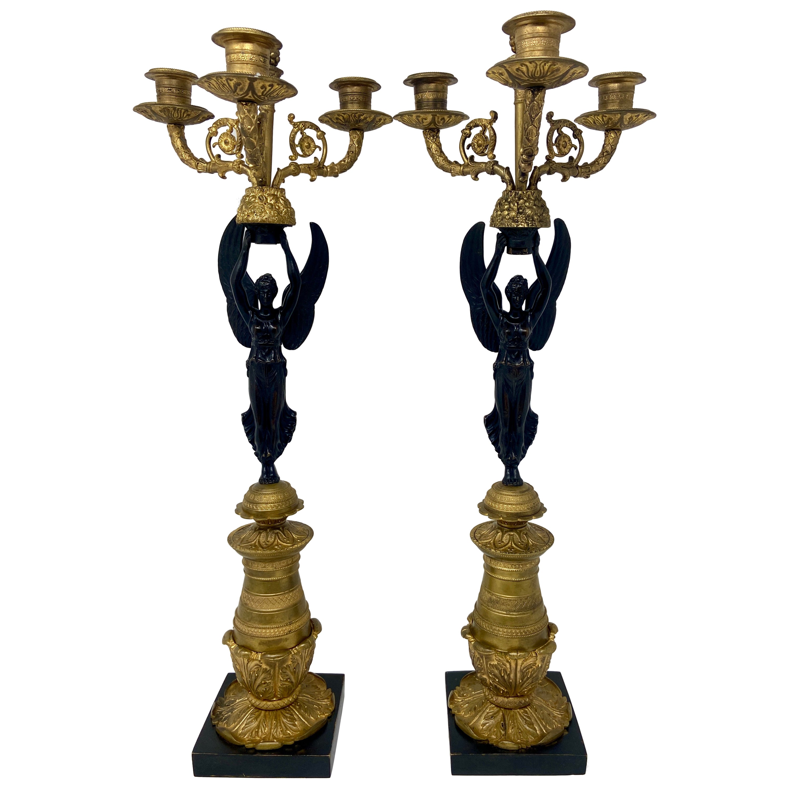 Pair Antique French Empire Gold Bronze & Patinated Bronze Candelabra, Circa 1880 For Sale