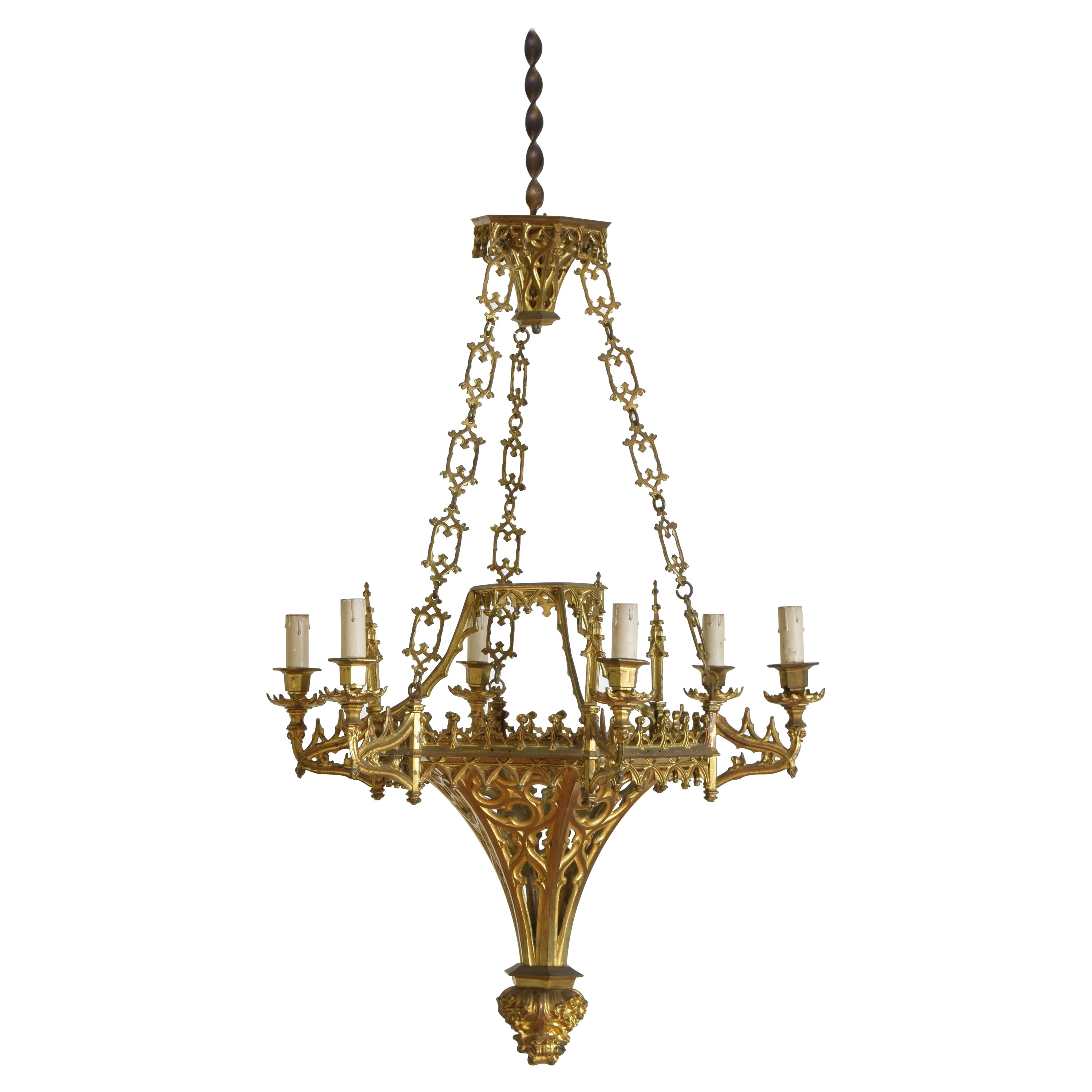 Italian, Milanese, Neogothic Gilt Brass 6-Light Chandelier, Late 19th Century For Sale