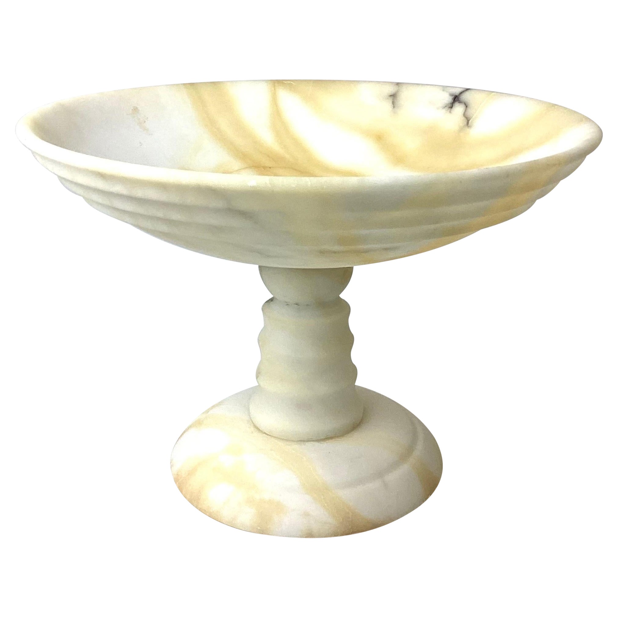 Italian White and Brown Alabaster Marble Tazza Compote Bowl For Sale