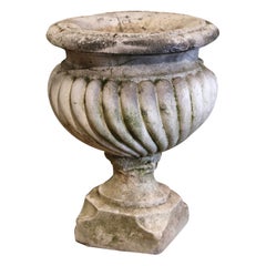 Vintage Mid-18th Century French Carved Weathered Stone Planter with Gadrooned Motifs