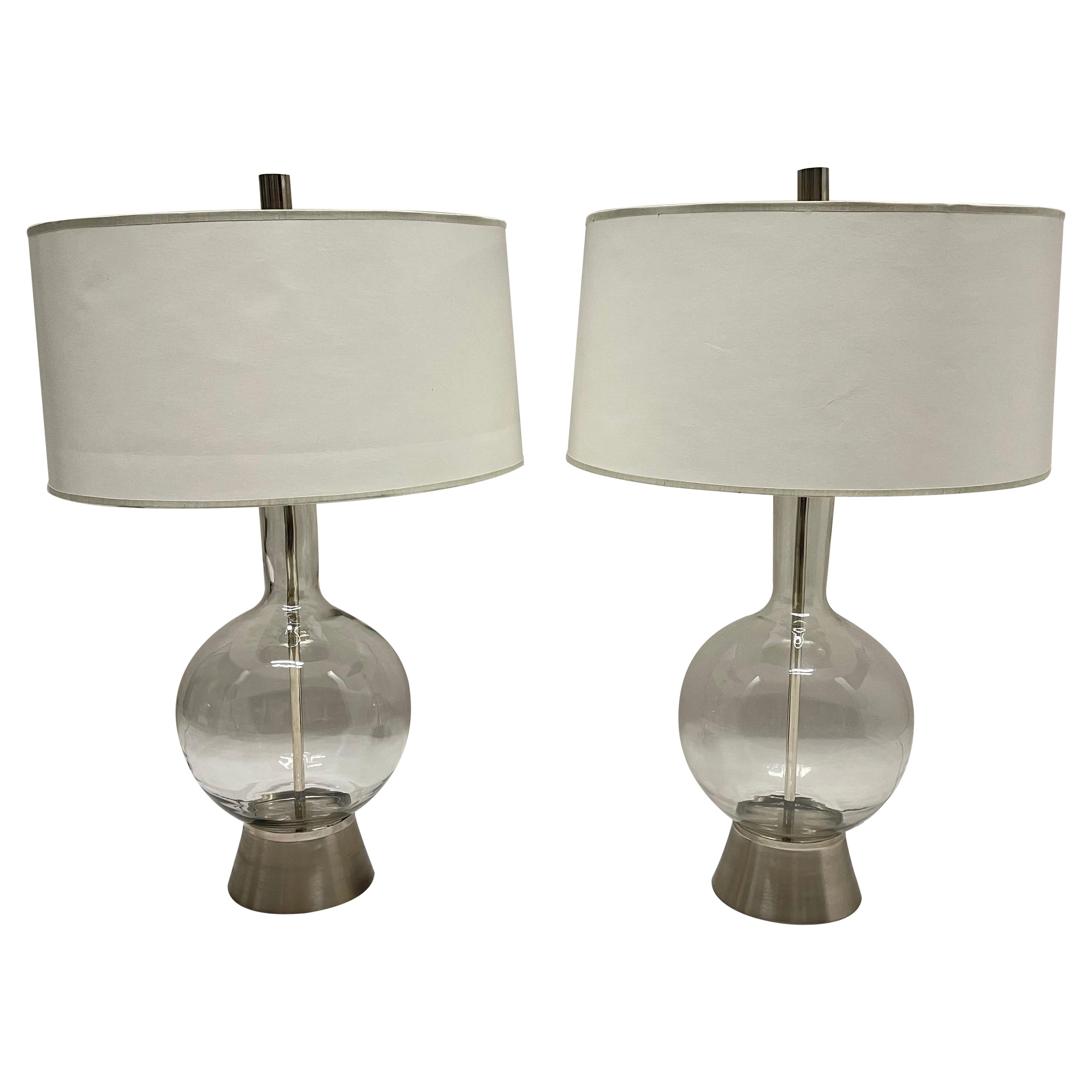 Pair of Mid-Century Mouth Blown Glass and Brushed Nickel Lamp with Paper Shades For Sale