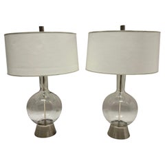 Pair of Mid-Century Mouth Blown Glass and Brushed Nickel Lamp with Paper Shades